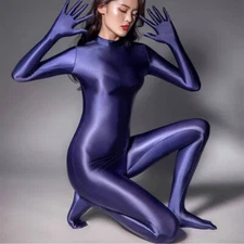 Women's Shiny Wetlook Bodysuit Footed Jumpsuit Catsuit Satin Full Body Stockings