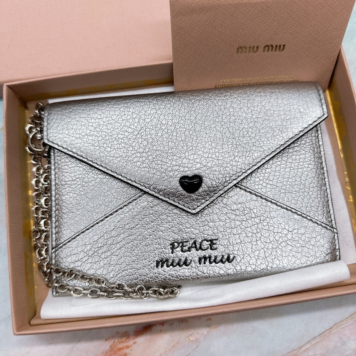 MIU MIU Silver Cromo FOREVER HEART Envelope Madras WRISTLET WALLET
