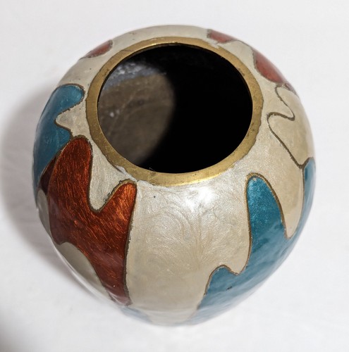 Vtg MCM Enamel on Brass 6" Vase - Teal Rust & Cream - Retro Atomic - Small Flaws - Picture 10 of 12
