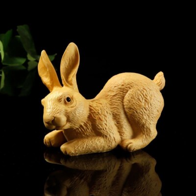 Wooden Hand Carved Rabbit Statue Figurine animal Sculpture Decor Handicraft Gift