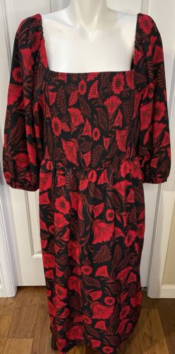 Latino Heritage Month Midi Dress Womens Size XXL Red Black Floral Smocked Slit