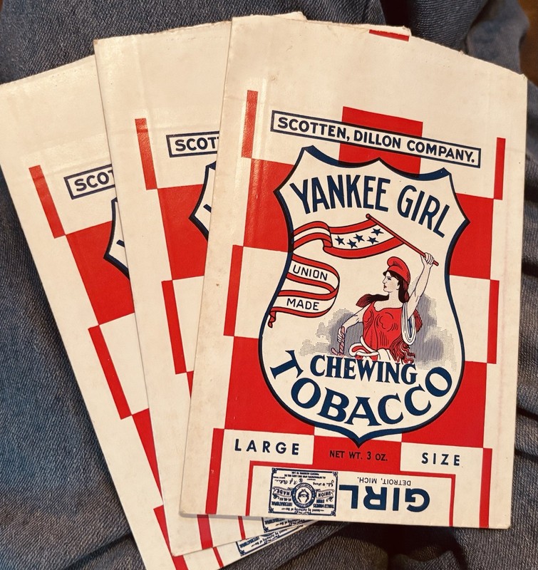 3 VINTAGE CHEWING TOBACCO BAGS YANKEE GIRL  BRAND UNUSED PAPER SACKS EPHEMERA 