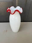 Vintage  Fenton Flame Crest Vase 1963 White With Red/Orange Ruffle