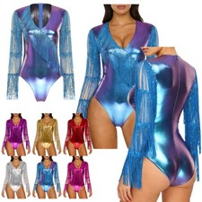 US Women Metallic Shiny Bodysuit High Cut V Neck Tassel Tights Leotard Clubwear