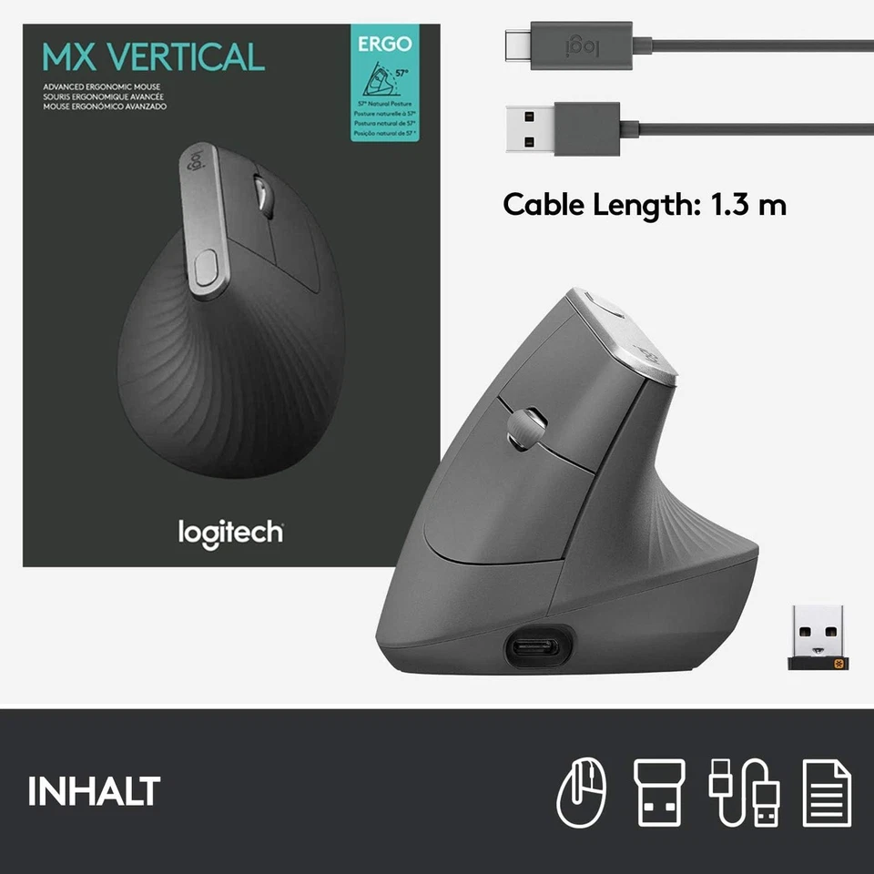 Logitech MX Vertical Ergonomic Mouse, Multi-Device, Bluetooth or 2.4GHz Wireless - Image 3 of 4