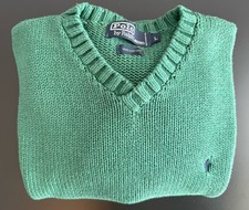 Polo Ralph Lauren Green Pullover Sweater Mens Large V-Neck Y2K Cotton Heavy Knit