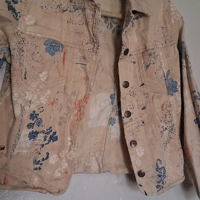 Graff Wear Women's Beige Blue Floral Button Collared Lightweight Jacket Size S