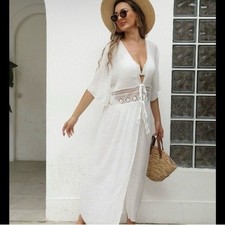 Cupshe Womens White Maxi Boho Kimono Beach Cover-Up W Crochet Lace Tie Waist OS