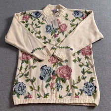 Karen Scott II Womens Sweater 3XL Cream Cable Knit Floral Cottage Grandma Granny