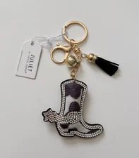 Juliet Crystal Avenue Cowgirl Boot Key Chain/Bag Charm - Cow Print NWT