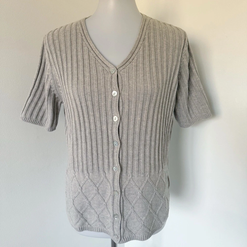 Cárdigan suéter vintage años 90 tejido acanalado manga corta cuello en V L grande beige tostado Foto 2 de 4