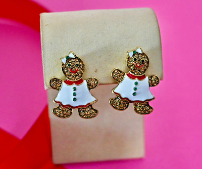 $55 HEIDI DAUS Gingerly Gorgeous GIRL Gingerbread Post Earrings Enamel Crystal