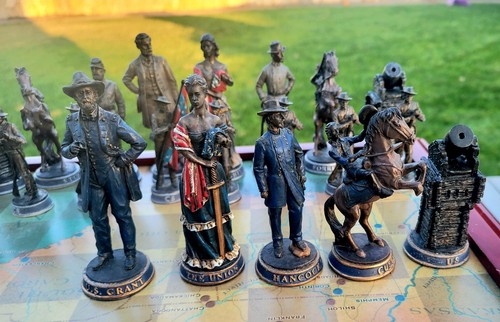 Luxury Civil War Metal Base Weighted Chess Set 4.25" King 16" Fitted Wood Board! - Picture 10 of 24