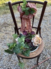 Wood Chair Wicker Seat Cut Bowl Of Artificial Flower And Leaf Arrangement VTG