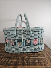 AZAR Vintage Woven Wicker Sewing Basket Box Tapestry Floral 12x7x7 With Handle
