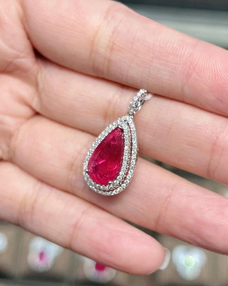 Pear 5.60 Ct Natural Pink Tourmaline & Diamond Pendant Solid 14K White Gold - Image 2 of 4