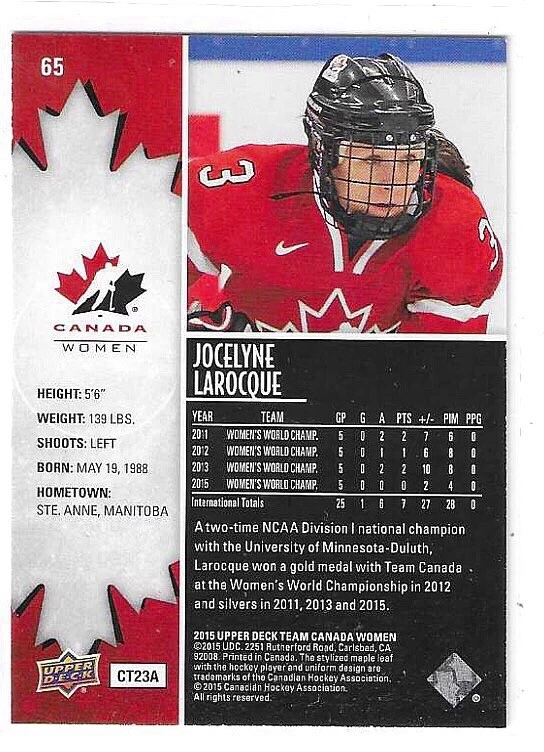 2015 UPPER DECK TEAM CANADA WOMEN JOCELYNE LAROCQUE EXCLUSIVES #65 WOMEN 004/199 - Image 2 of 2