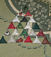 Handmade Quilted Christmas Tree Fabric Triangles Beads Wall Hanging 17"