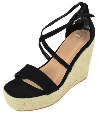 MODA Women Espadrille Wedge High Heels Sandals Platform Ankle Strap PLATA1  Black