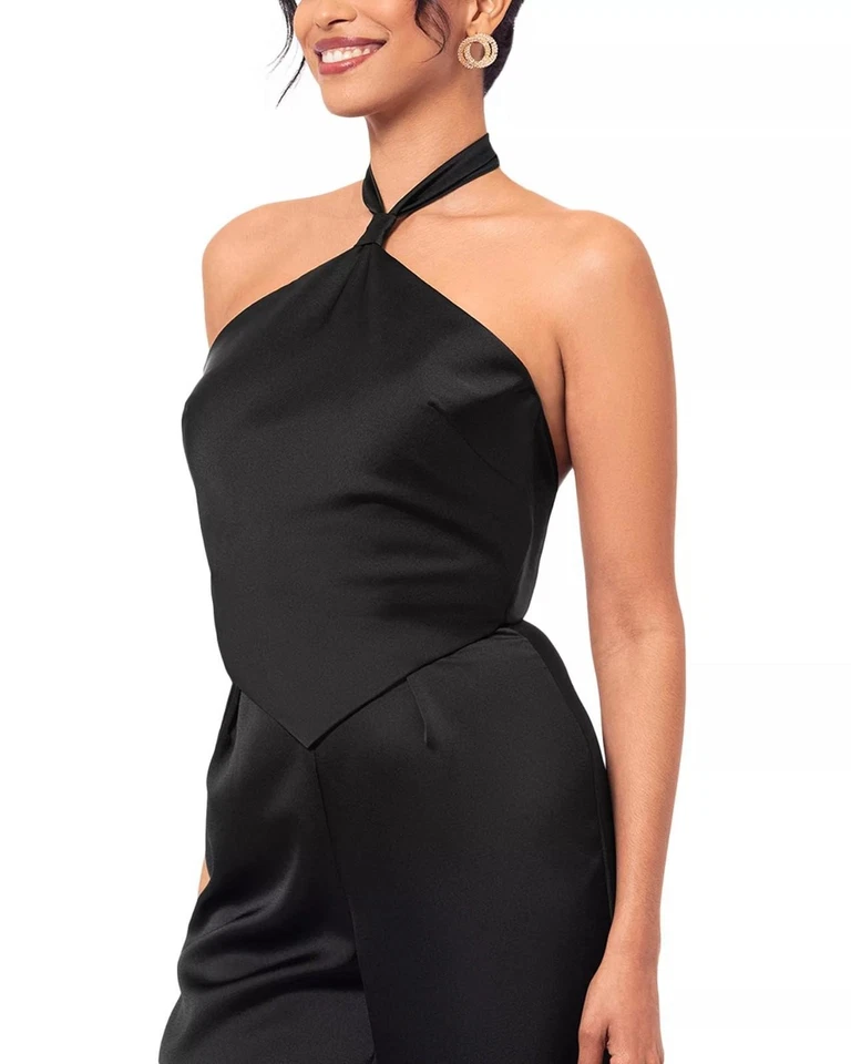 268$ Mono AQUA Halter Cuello Pierna Ancha Satinado Una Pieza Para Mujer Talla 12 Negro Foto 3 de 4