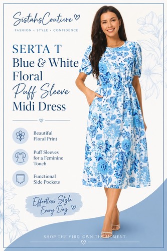 Serta T Blue White Floral Puff Sleeve Midi Dress Pockets Cottagecore Boho...