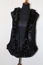 Chico's 2 Black Chunky Crochet Knit Open Cardigan Vest Faux Fur Trim Wool Blend