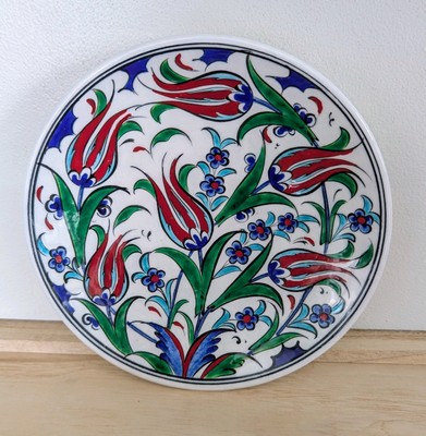 Turkish Iznik 16th C. Tile Ceramic Plate Handmade   Turquary Tulip Garden 18 cm