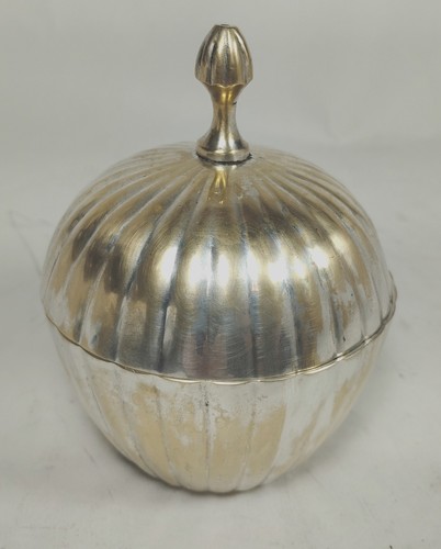  Silver Tone Metal Trinket Holder With Lid Round Apple Shsped - Afbeelding 5 van 6