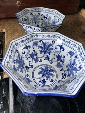 PAIR Asian MOTIF Blue White Floral Table Bowl FLUTED Porcelain Round 12 x 6