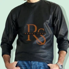 Men’s Long Sleeves Black Leather T-Shirt –  Genuine Soft Lambskin Leather Shirt