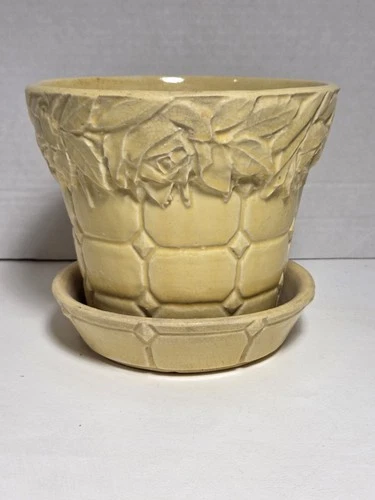 VTG McCOY POTTERY QUILTED ROSE PLANTER w SAUCER YELLOW Flower Pot 5 3/8" H