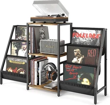 Record Player Stand with Two Side Display Shelves - 280 Album Capacity Storage