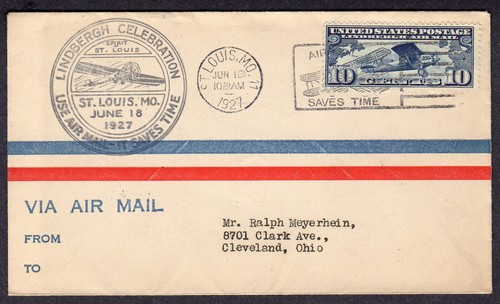 1927 10c Lindbergh Solo Atlantic Flight (C10) Borderd Nickles St Louis FDC NZ472