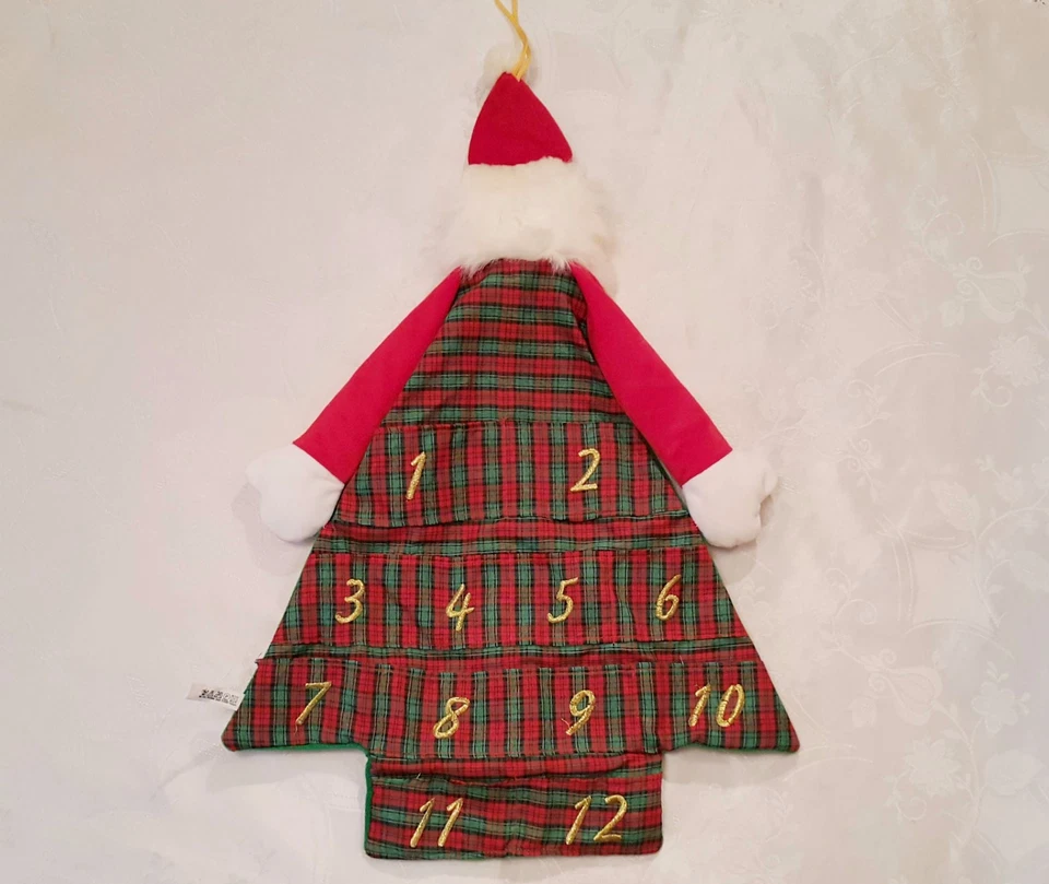 VINTAGE CHRISTMAS SANTA CLAUS RED GREEN VELVET WALL ADVENT CALENDAR ORGANIZER - Image 3 of 4