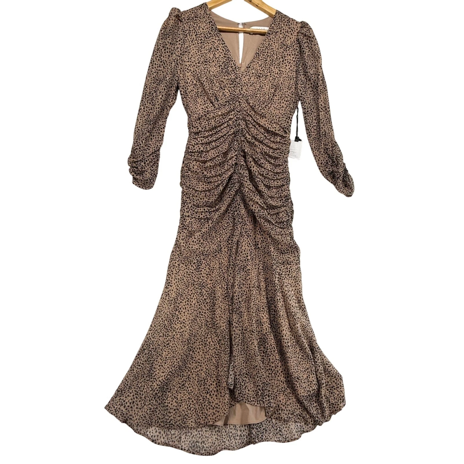 ASTR The Label Dottie Midi Dress Animal Print Ruched Long Sleeve XS