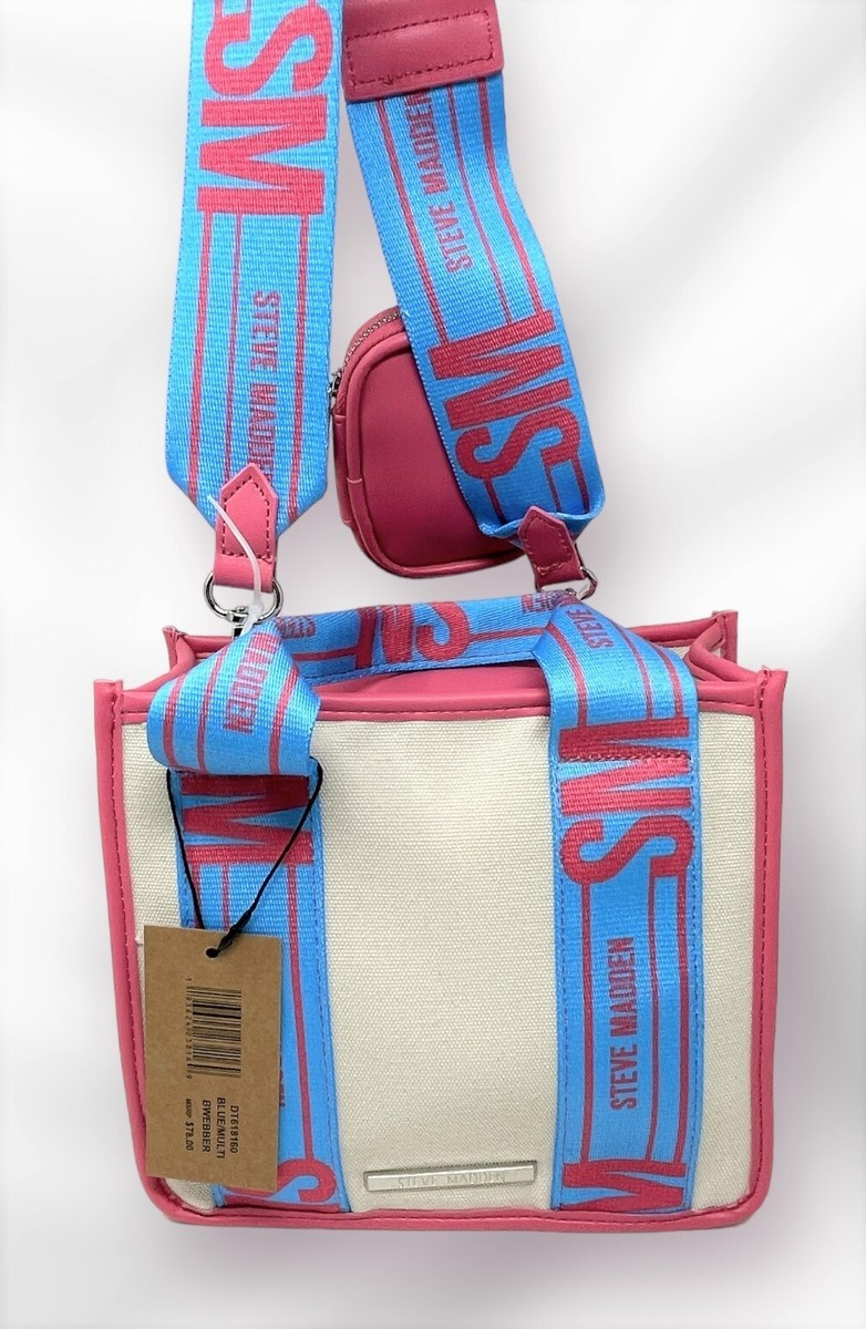 Steve Madden Cream Pink Blue Tik Tok Canvas Tote Bag Crossbody