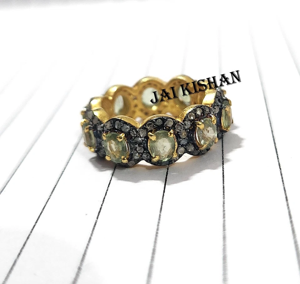 Verde Zaffiro Gemma 925 Argento Sterling Diamante Fascia Anello Eternity US 6 - Immagine 2 di 4