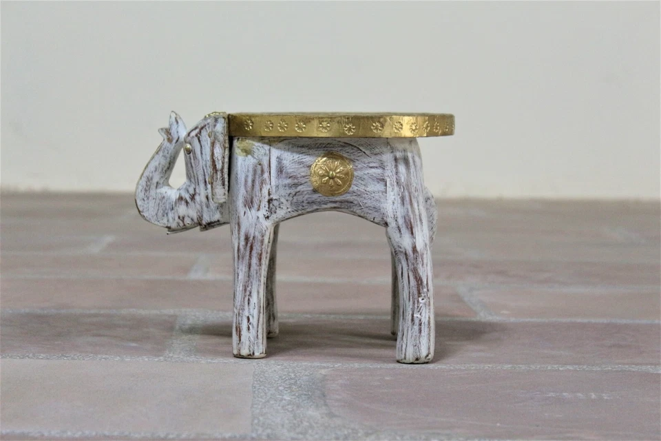 Small Rustic Wooden Elephant Stool with Brass Accents | Handmade Home Decor  - Image 3 of 4