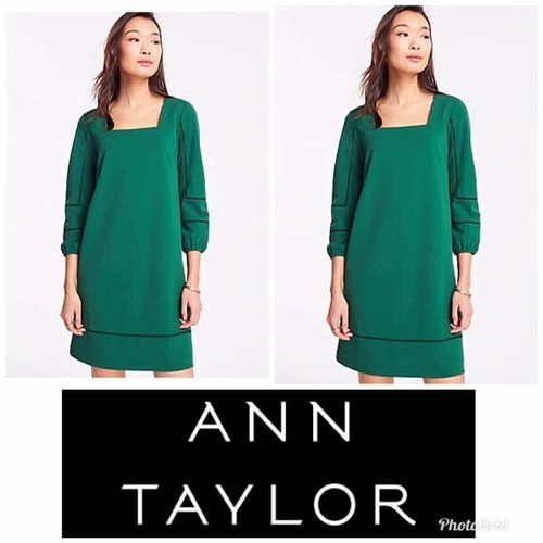 Ann Taylor Green Lantern Sleeve Square Neck 3/4 Puff Sleeve Shift Dress Size XS - 第 2/6 張圖片