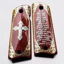 1911 full size custom engraved wood grips gold silver Psalm 23:4 Cross