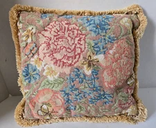 Vintage Floral Needlepoint 14” Square Pillow Cross Stitch w/ Trim