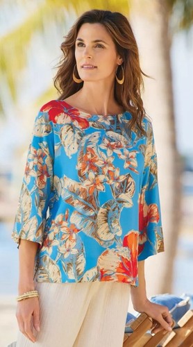 Soft Surroundings Aldea Top Bluse 3/4 Arm Tropical Floral Gr. M