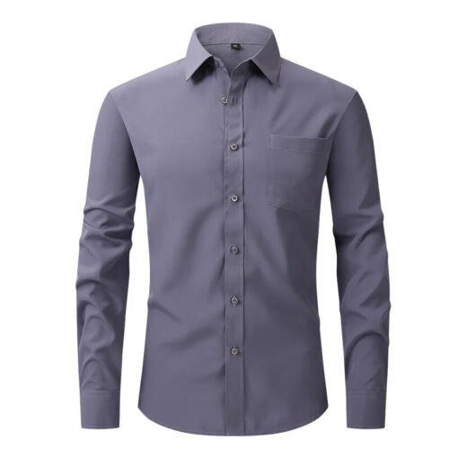 Men's Stretch Slim Fit Button Up Long Sleeve Solid Color Dress Shirt Formal Tops - Picture 28 of 39