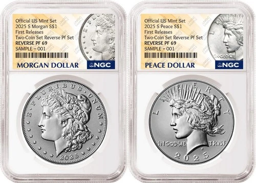 2 coin 2025 Morgan and Peace Reverse Proof Dollar Set NGC RP69 FR MP