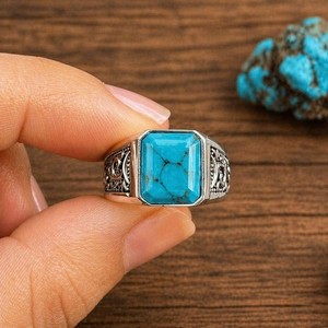 Authentic Blue Turquoise Men's Signet Ring 925 Sterling Silver Engagement Gift Ring