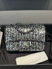 AUTH Chanel Classic Flap Black Silver Sequin Silver Hardware Chain Shoulder Bag