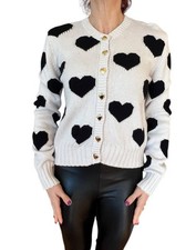 MINNIE ROSE BEIGE INTARSIA HEART KNIT CARDIGAN SWEATER CASHMERE BLEND XS NWT