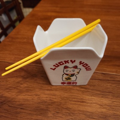 Cat Chinese Take Out Oriental Ceramic Food Bowl Dish chopsticks
