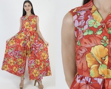 Vtg 60s Hawaiian Jumpsuit Wide Leg Belted Palazzo Bell Bottom Tiki Pant Playsuit