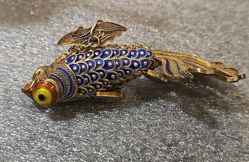 Chinese Cloisonne Vermeil Enamel Golden Articulated 3.25" Fantail Fish Pendant - Picture 11 of 23